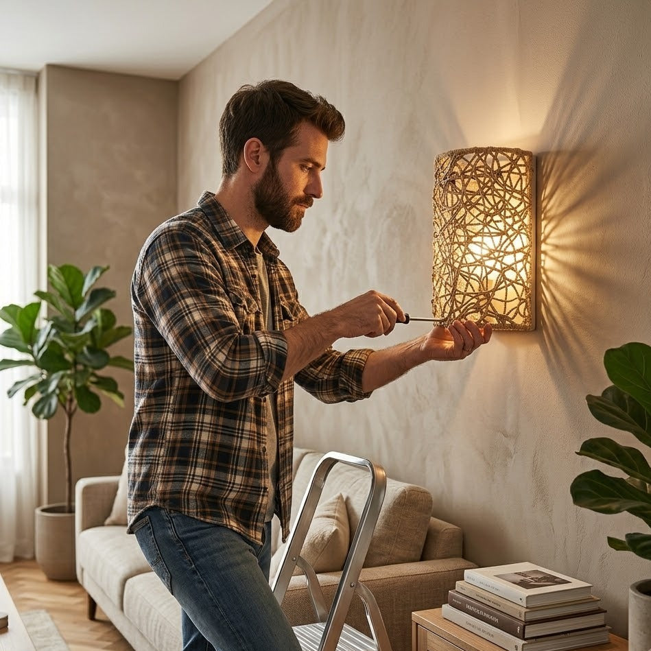 Installation d'une applique murale en rotin tressé beige dans un salon