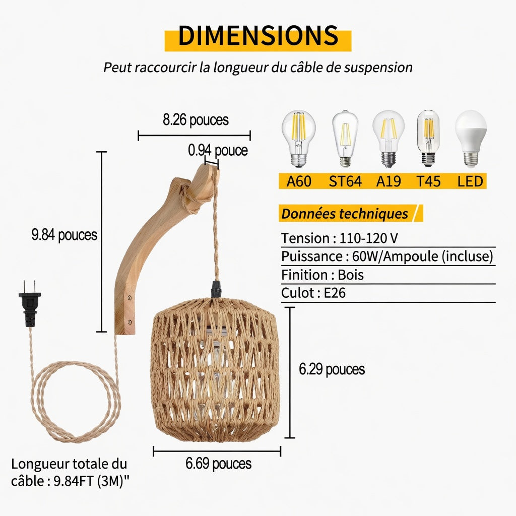 Applique murale rotin et bois naturel avec dimensions et données techniques