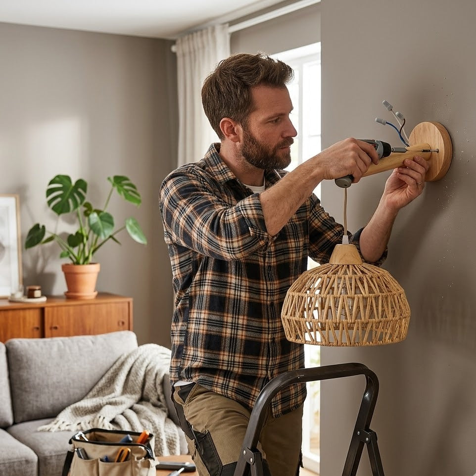 Installation d'une applique murale en rotin tressé et bois dans un salon