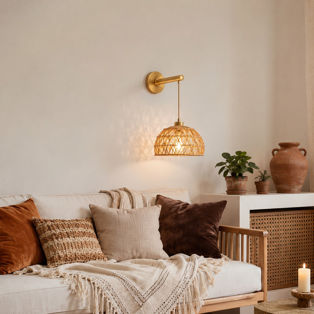 Applique murale demi-sphère en rotin tressé installée dans un salon au-dessus d'un canapé