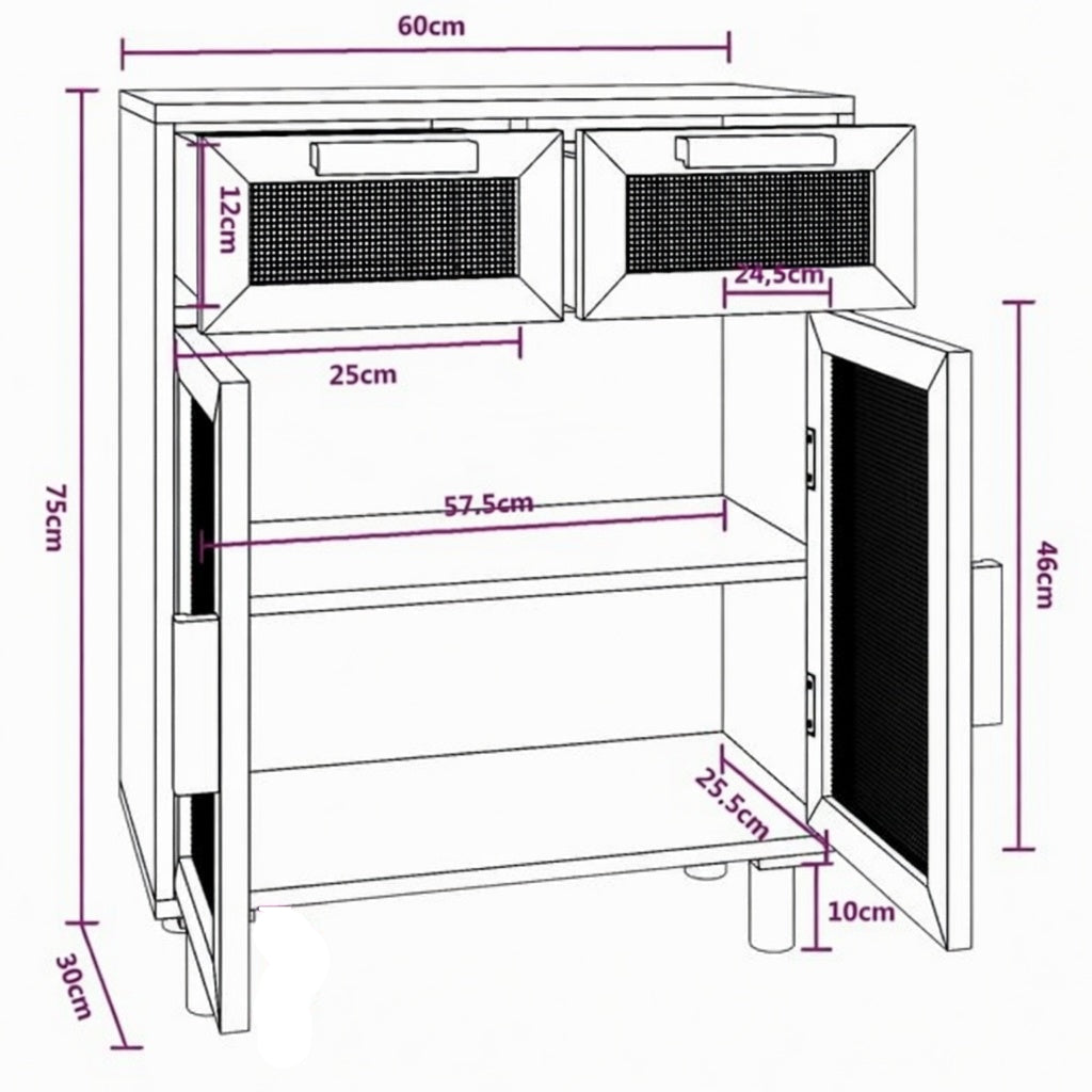 Buffet bas cannage rotin bois noir 60x75 cm schéma avec dimensions intérieures et extérieures