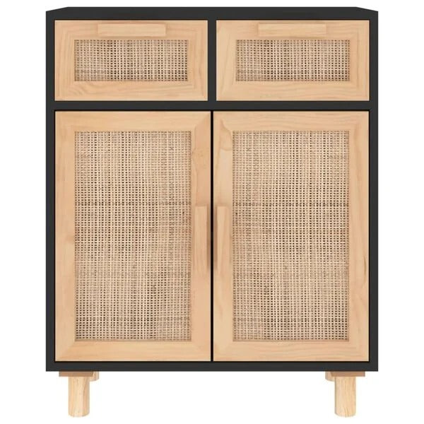  2Buffet bas 2 tiroirs 2 portes cannage rotin naturel caisse noire pieds bois fond blanc