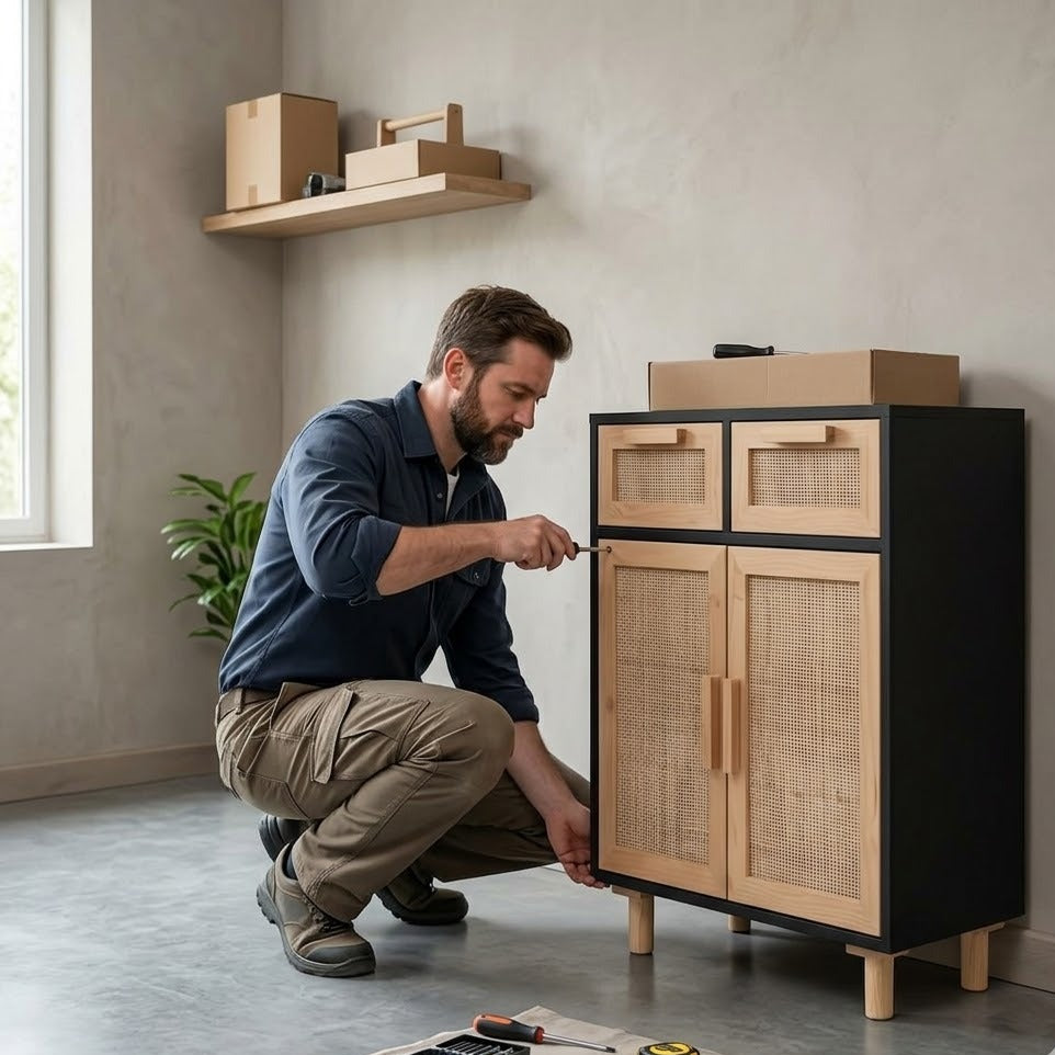 Montage d'un buffet bas cannage rotin et bois noir dans un intérieur