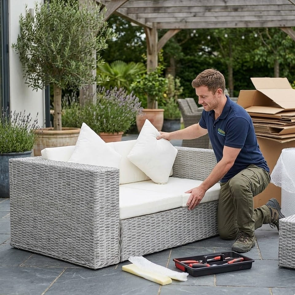 Montage d'un canapé 2 places résine tressée gris avec coussins blanc crème sur une terrasse