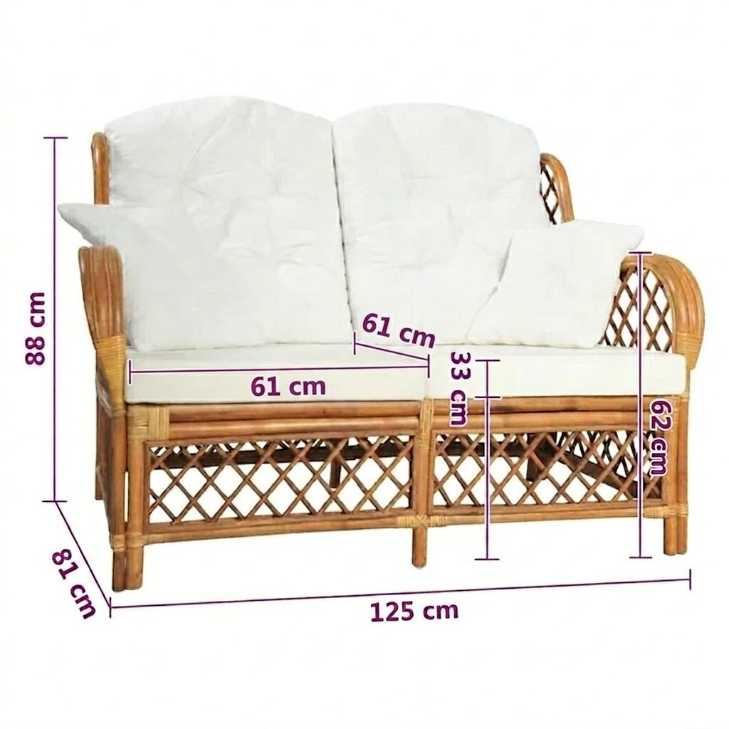 Canapé 2 places rotin naturel miel avec dimensions 125x81x88 cm et coussins blanc crème