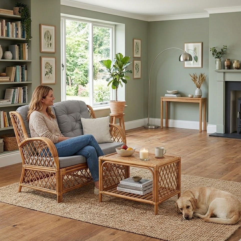 Canapé en rotin naturel miel avec coussins gris dans un salon avec table basse rotin
