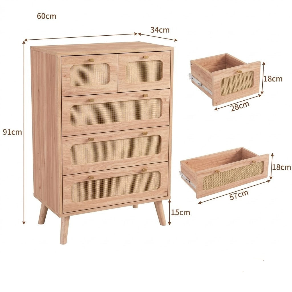Commode 5 tiroirs cannage rotin bois naturel 60x91 cm avec dimensions détaillées