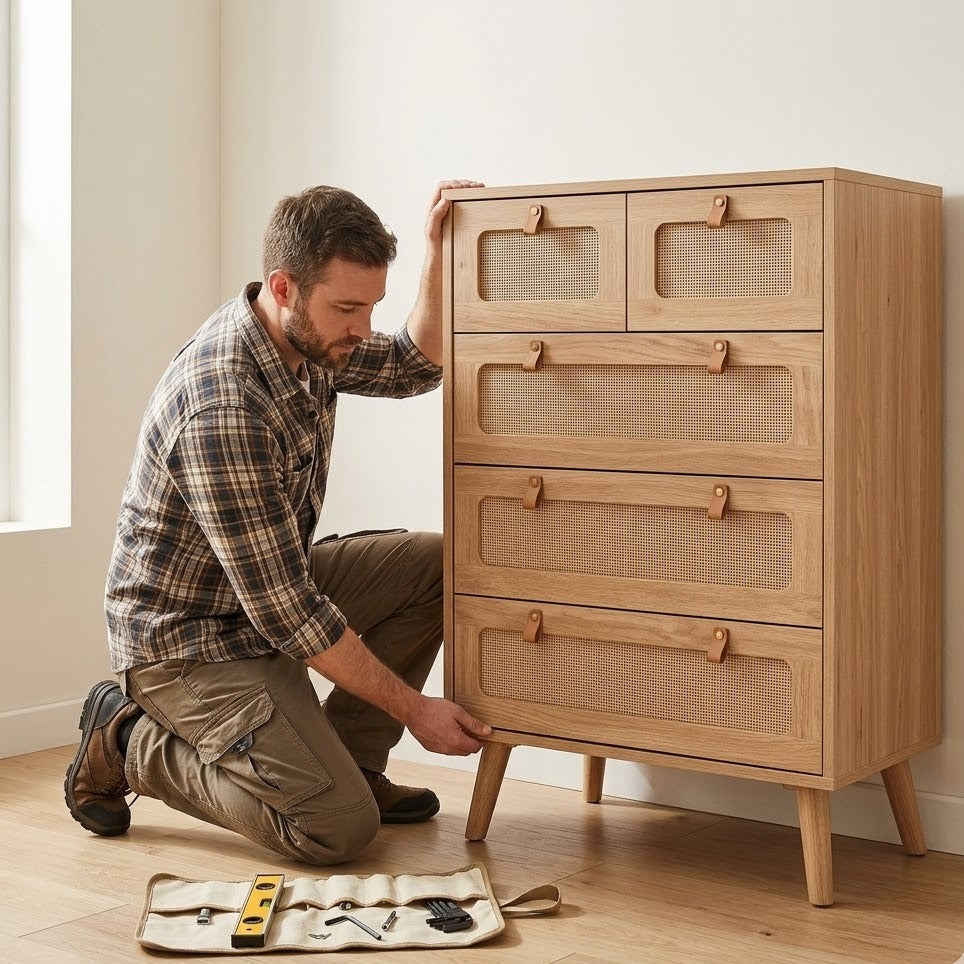 Montage d'une commode 5 tiroirs cannage rotin et bois naturel dans un intérieur