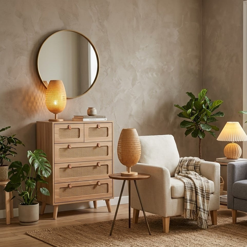 Commode 5 tiroirs cannage rotin naturel bois clair mise en situation dans un salon