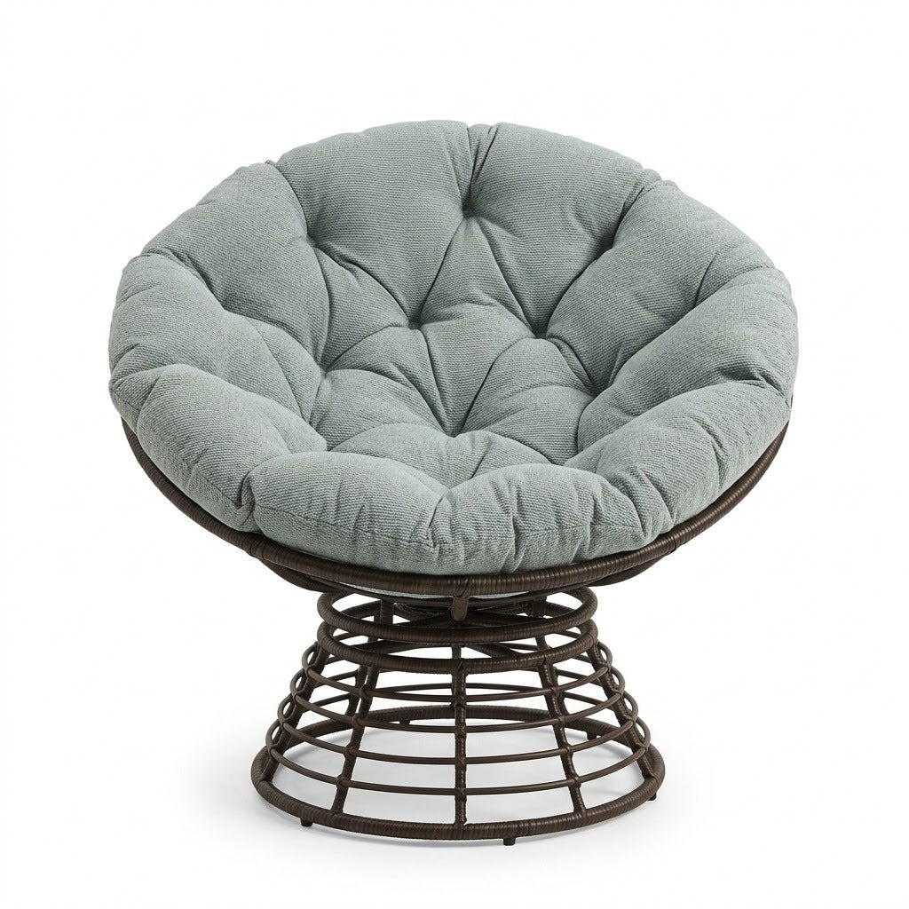 Fauteuil boule rotin tressé avec coussin gris-vert sur fond blanc – RotinDéco