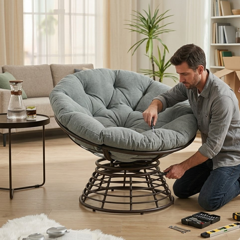 Montage d'un fauteuil boule rotin pivotant avec coussin gris dans un salon – RotinDéco