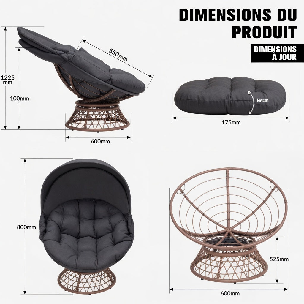 Dimensions du fauteuil boule rotin pivotant – Ø 80 cm, hauteur 122 cm – RotinDéco