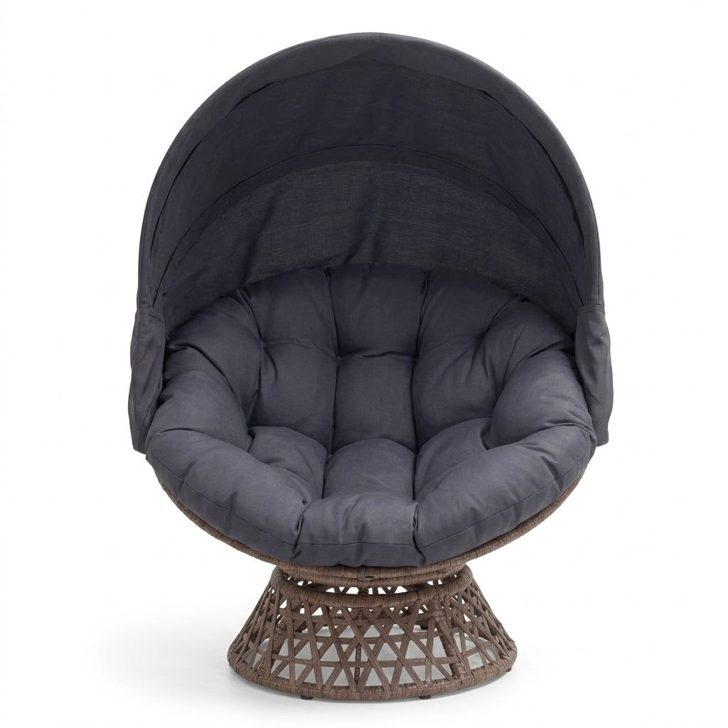 Fauteuil boule rotin pivotant avec canopée et coussin gris anthracite sur fond blanc – RotinDéco