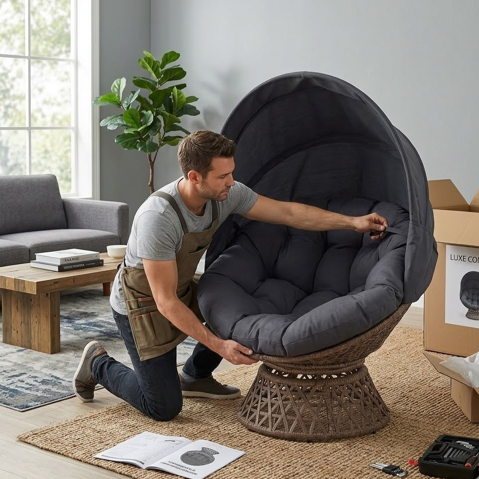 Montage du fauteuil boule rotin pivotant avec canopée gris anthracite – RotinDéco