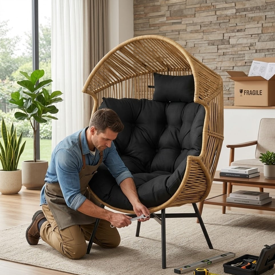 Montage du fauteuil œuf rotin naturel avec coussins noirs dans un salon – RotinDéco