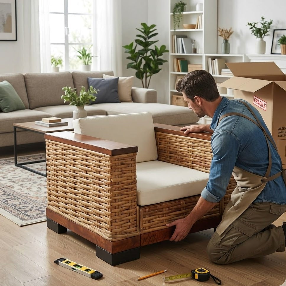 Montage d'un fauteuil en rotin naturel et bois dans un intérieur – RotinDéco