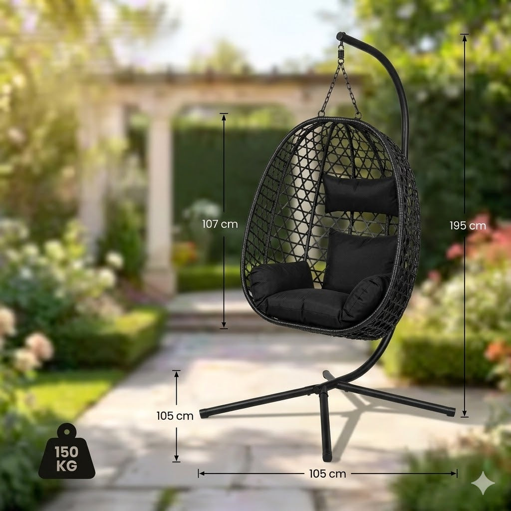 Dimensions fauteuil suspendu rotin noir – hauteur 195 cm, charge 150 kg – RotinDéco