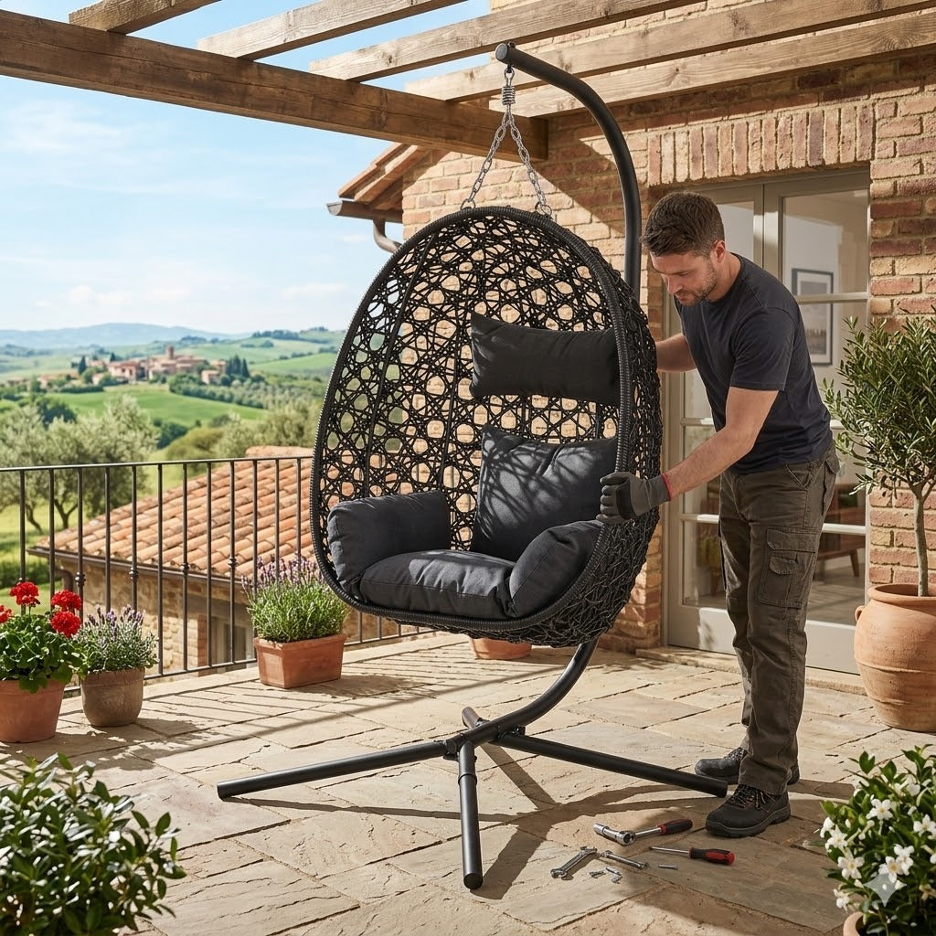 Montage d'un fauteuil suspendu œuf en rotin noir sur une terrasse – RotinDéco