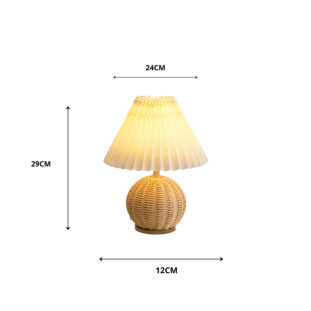 Lampe de chevet rotin tressé pied boule abat-jour plissé blanc avec dimensions 29x24 cm