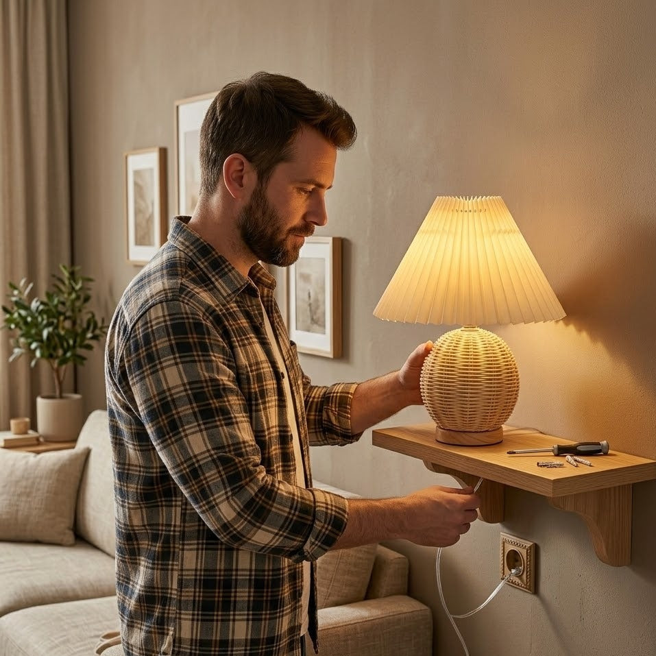 Lampe de table rotin tressé pied boule abat-jour plissé blanc posée sur une étagère murale dans un salon
