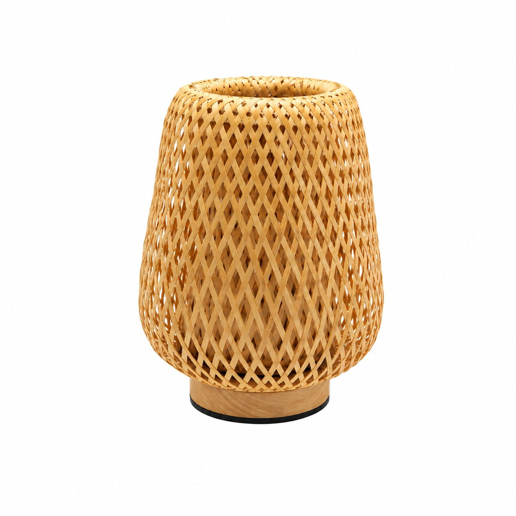 Abat-jour cylindrique en bambou tressé naturel motif losanges sur base bois fond blanc
