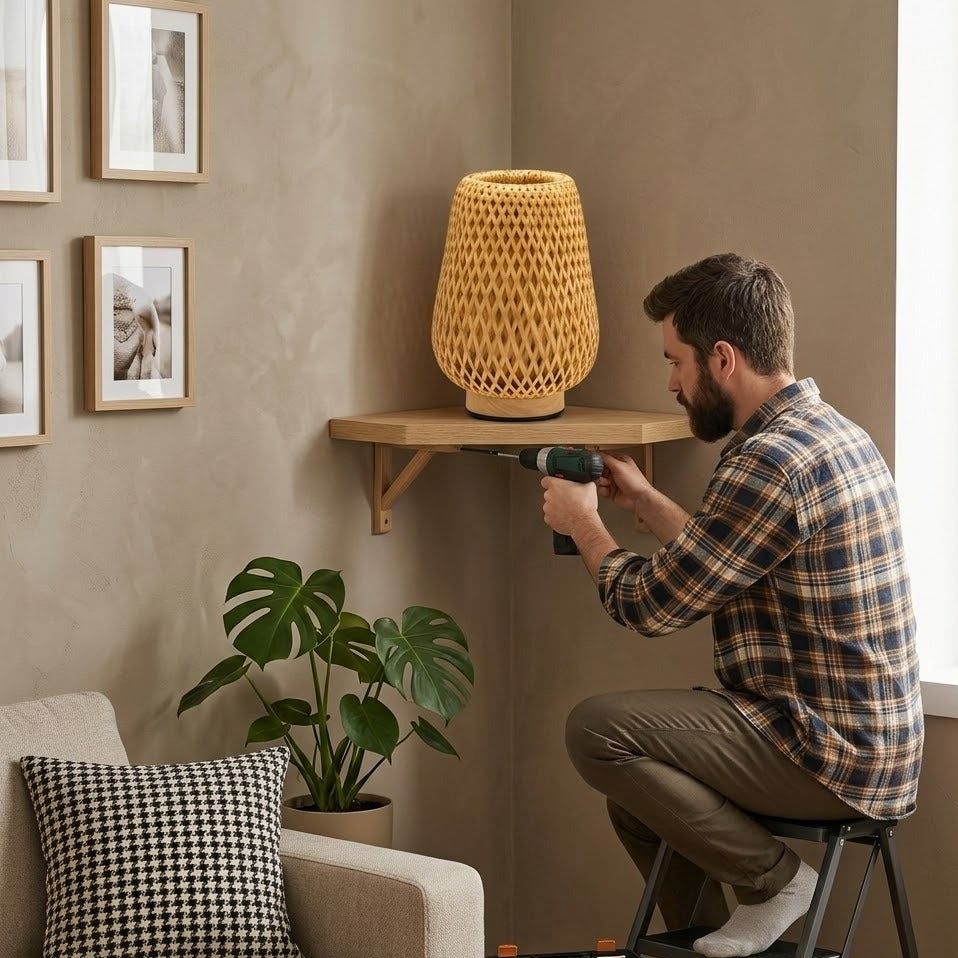 Lampe de table bambou tressé motif losanges posée sur une étagère murale dans un salon