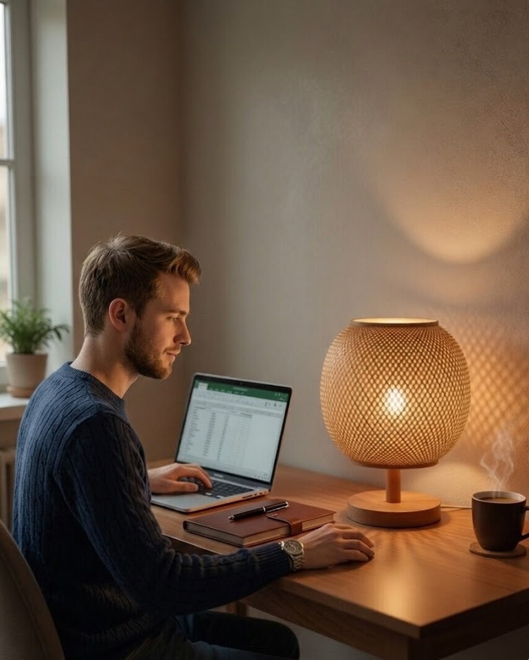 Lampe de table bambou tressé forme œuf pied bois naturel posée sur un bureau