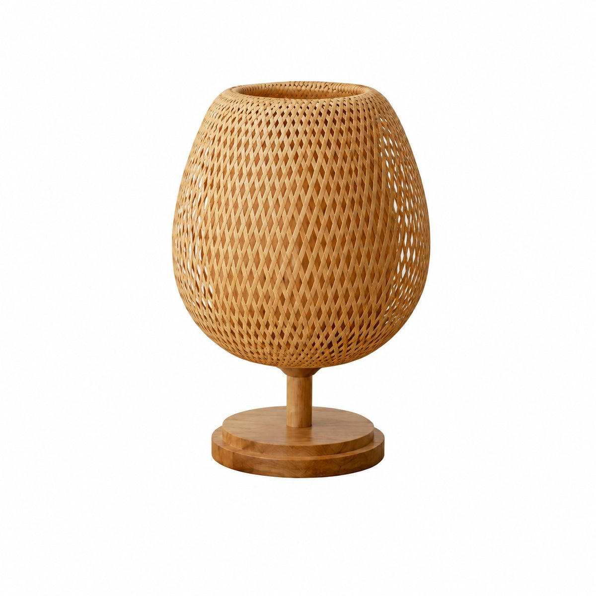 Lampe de table bambou tressé forme œuf pied bois naturel massif fond blanc