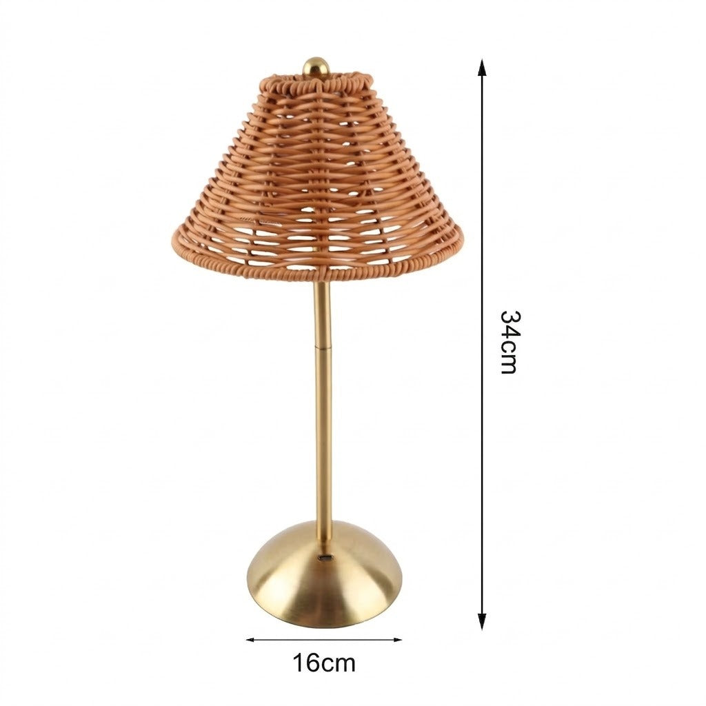 Lampe de table rotin tressé pied métal doré avec dimensions hauteur 34 cm diamètre 16 cm