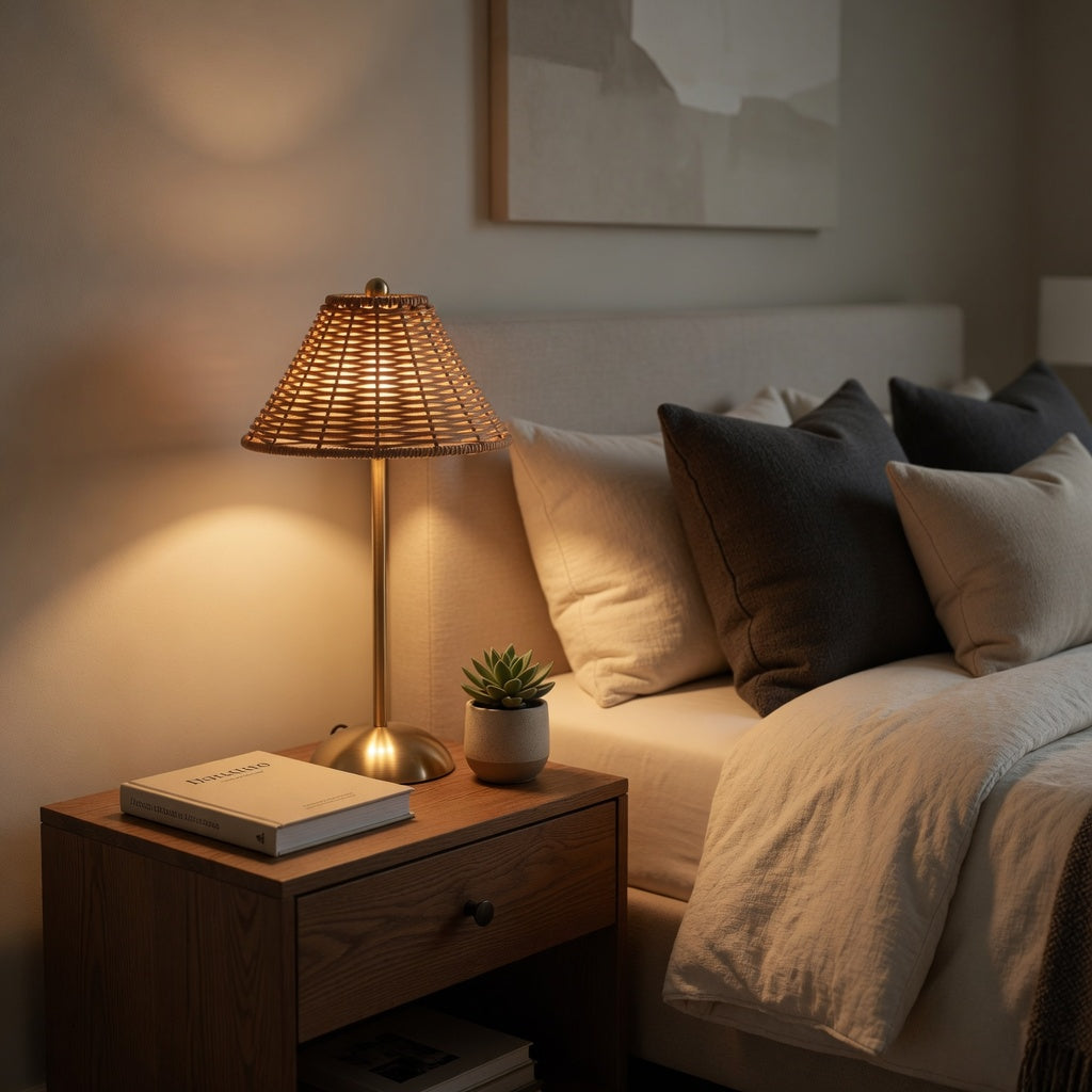 Lampe de table abat-jour conique en rotin tressé naturel pied métal doré brossé fond blanc