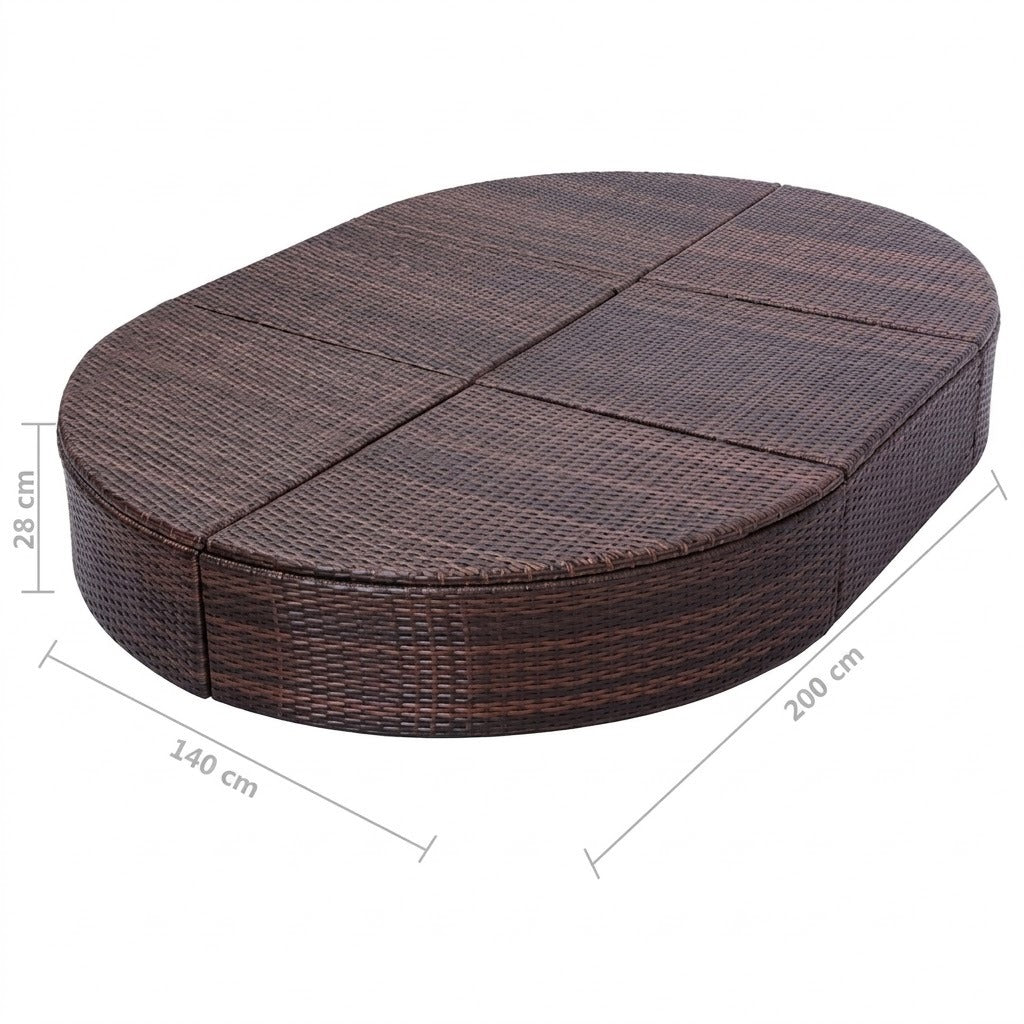 Lit de jardin ovale résine tressée marron 200x140 cm vue de dessus avec dimensions