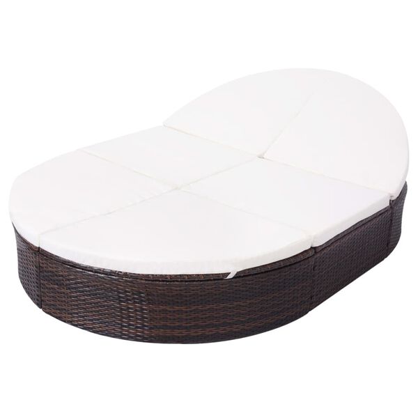 Lit de jardin double ovale résine tressée marron coussins blanc crème fond blanc
