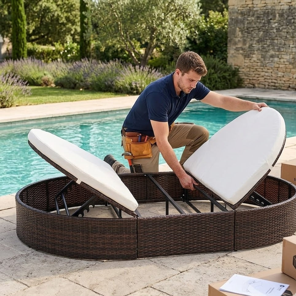 Montage d'un lit de jardin ovale en résine tressée marron au bord d'une piscine