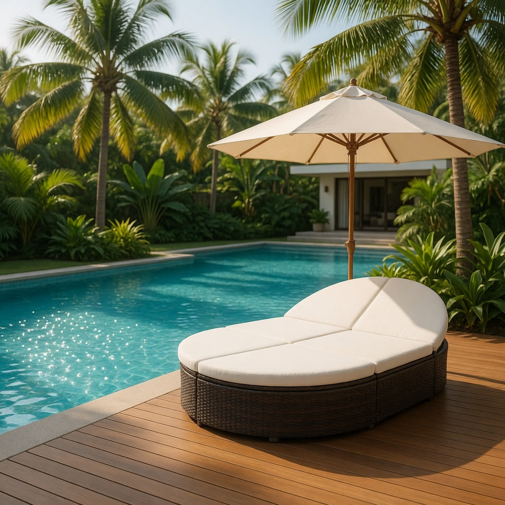 Lit de jardin double résine tressée marron avec coussins blanc crème au bord d'une piscine