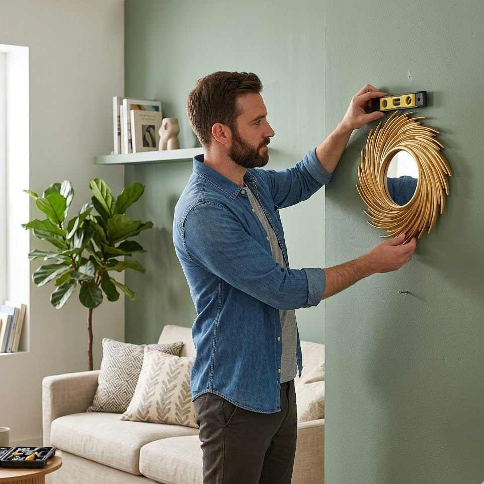 Pose d'un miroir mural rotin doré au mur dans un salon – RotinDéco