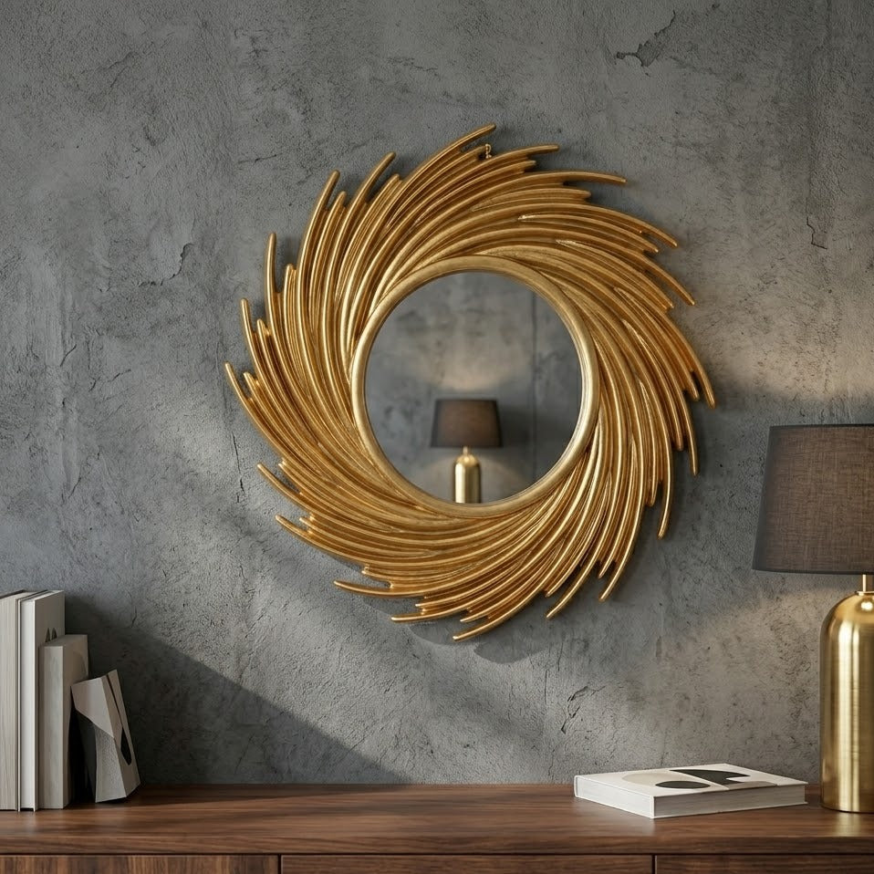 Miroir mural rond rotin doré accroché au mur au-dessus d'un buffet – RotinDéco