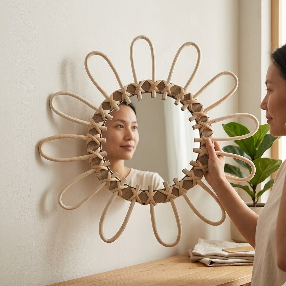 Miroir mural rond en rotin naturel forme fleur mis en situation dans une chambre