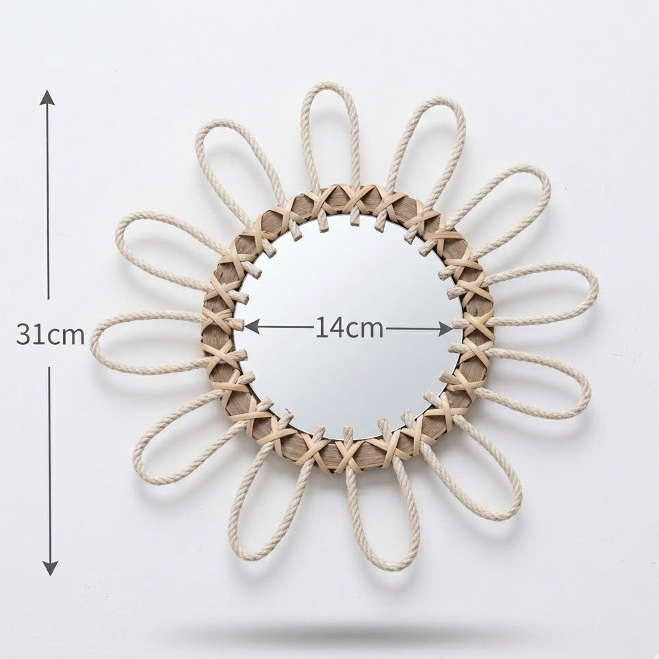 Miroir mural rotin naturel forme fleur avec dimensions diamètre 31 cm