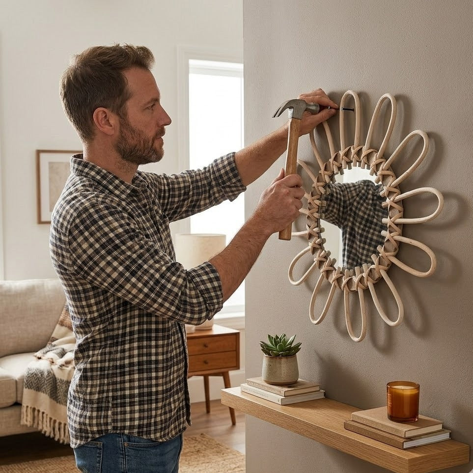 Installation d'un miroir mural rond en rotin naturel forme fleur dans un salon