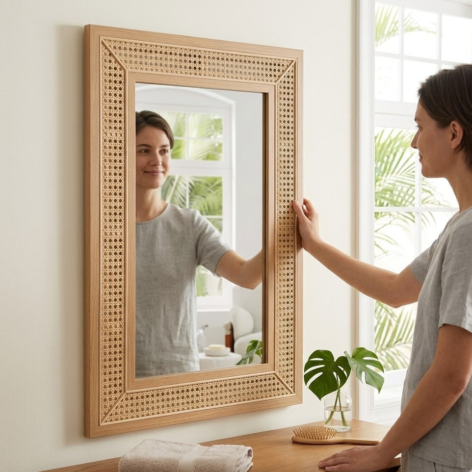 Miroir mural rectangulaire cannage rotin bois naturel mis en situation dans une chambre