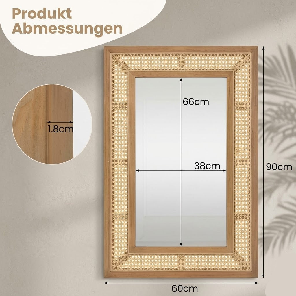 Miroir mural rectangulaire cannage rotin bois naturel avec dimensions 60x90 cm