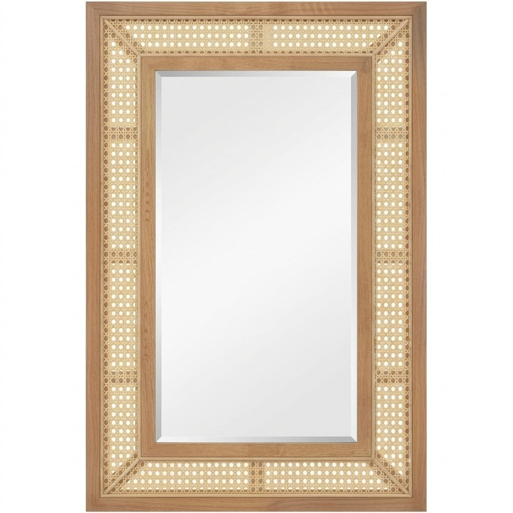 Miroir rectangulaire cadre cannage rotin et bois naturel biseauté fond blanc