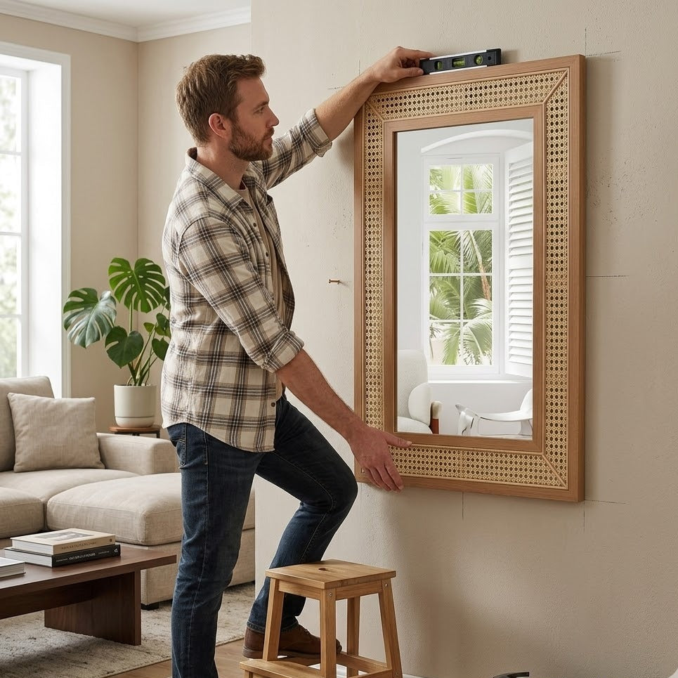 Installation d'un miroir mural rectangulaire cannage rotin et bois naturel dans un salon