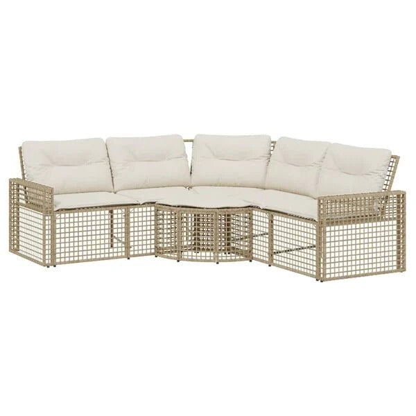 Salon de jardin d'angle résine tressée beige coussins blanc crème vue de face fond blanc