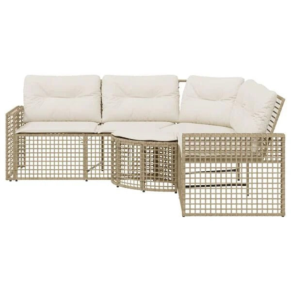 Salon de jardin d'angle résine tressée beige coussins blanc crème vue 3/4 fond blanc
