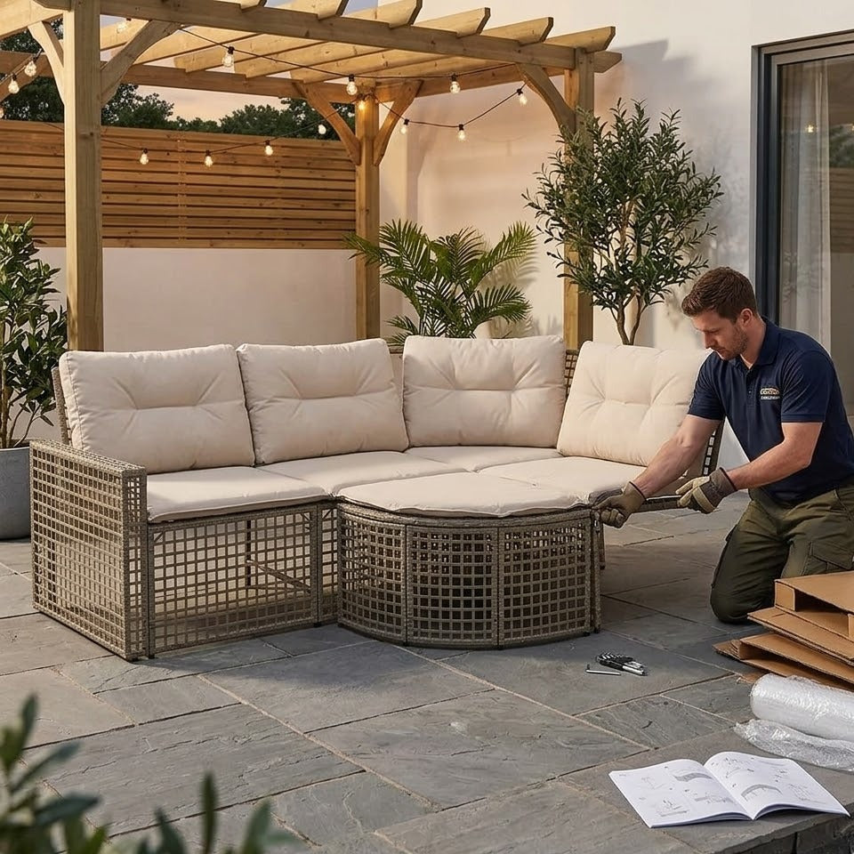 Montage d'un salon de jardin d'angle résine tressée beige sous une pergola