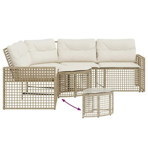 Salon de jardin d'angle résine tressée beige avec table centrale ronde amovible