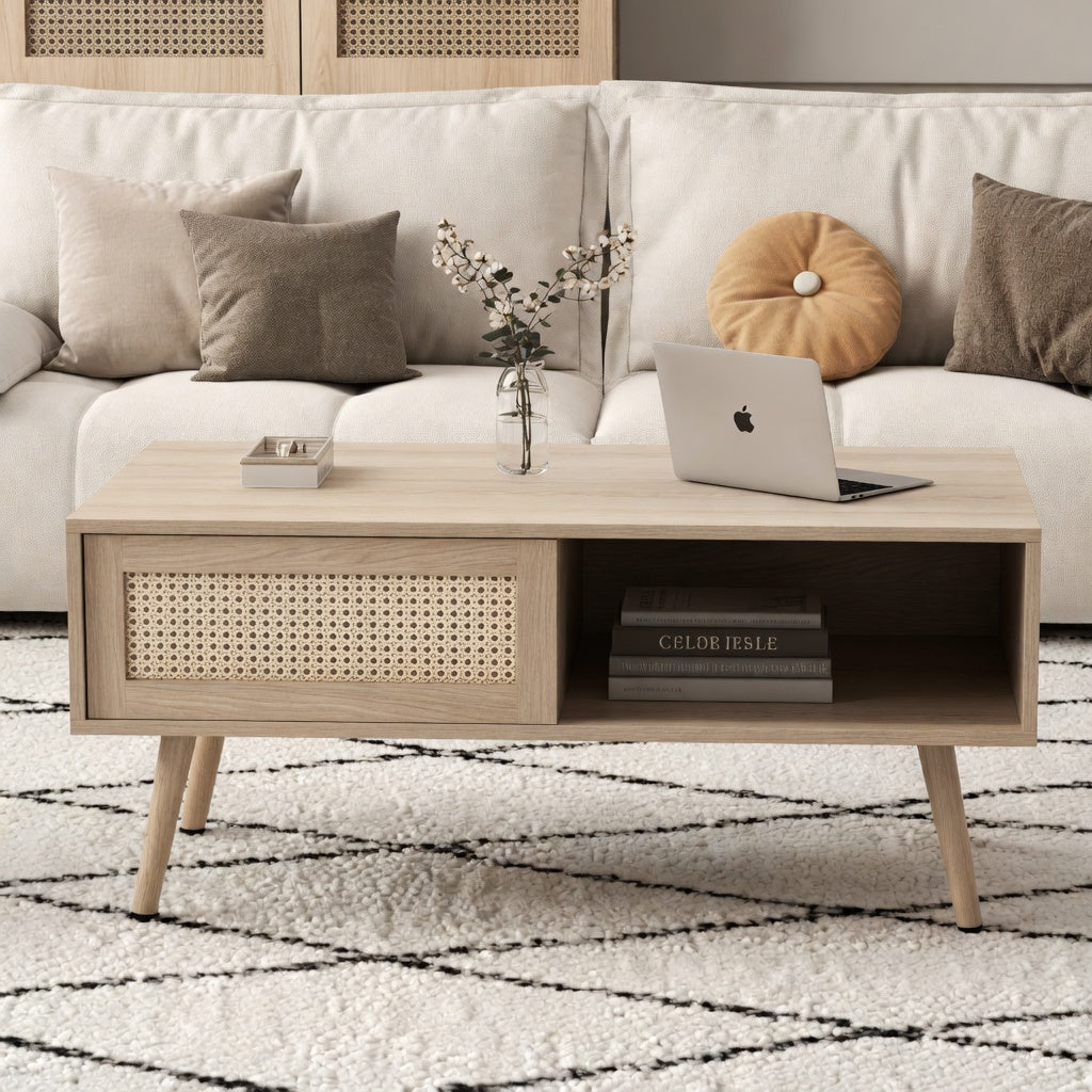 Table basse bois rotin avec niche ouverte dans un salon contemporain – RotinDéco