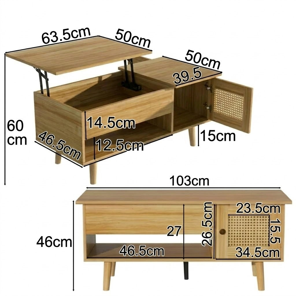 Dimensions table basse bois rotin avec plateau relevable – 103 x 50 x 46 cm – RotinDéco
