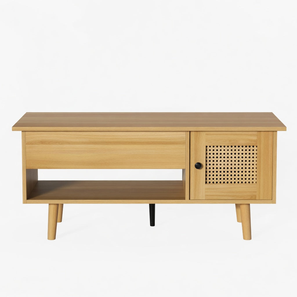 Table basse rectangulaire en bois naturel avec porte cannage rotin sur fond blanc – RotinDéco
